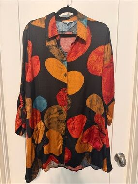 John Mark Black Lagenlook Tunic with Abstract Rust, Teal & Coral Accents Artsy